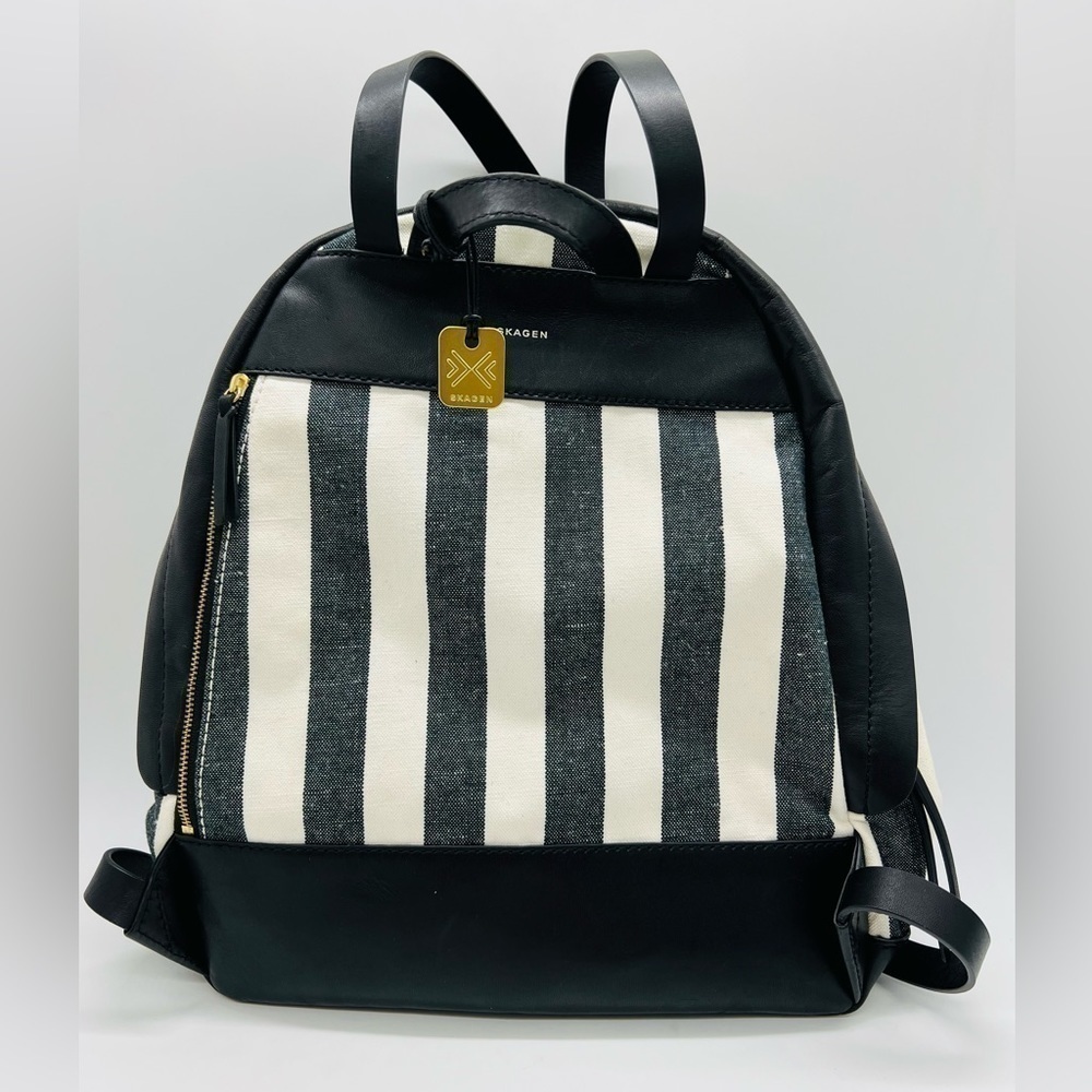 SKAGEN BEAUTIFUL LEATHER AND COTTON BLACK AND WHITE STRIPED BACKPACK